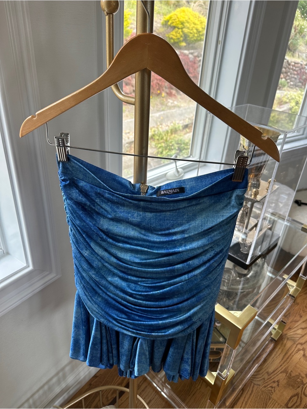 Balmain Medium Blue Denim-Effect Ruched Skirt